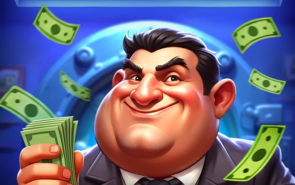 Money Maker van BGaming: zakenman met een stapel bankbiljetten voor een kluisdeur