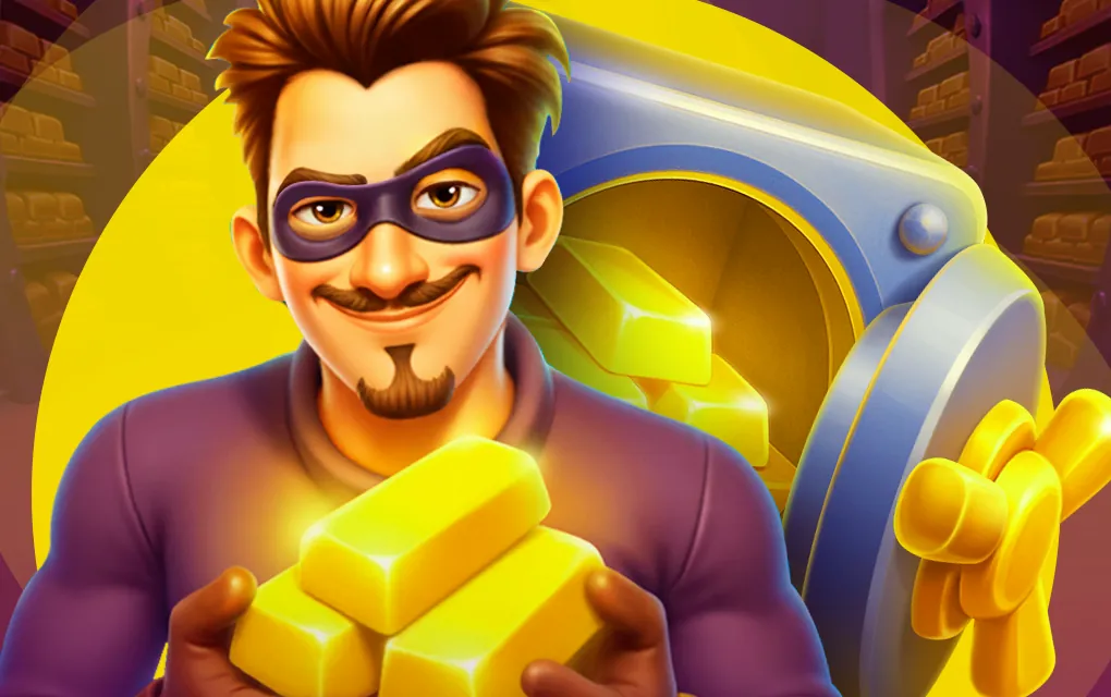 Mystery Heist van BGaming: gemaskerde dief met goudstaven voor een open kluis